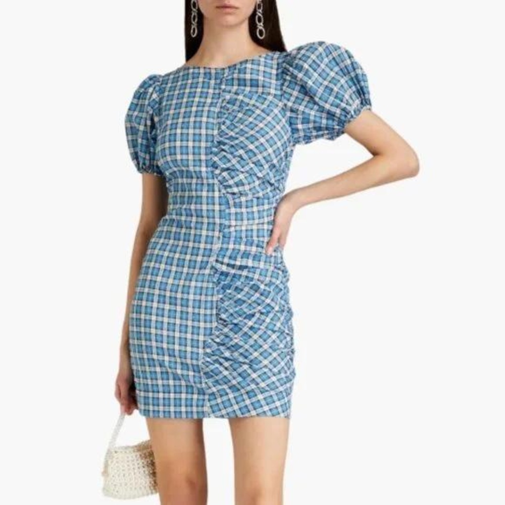 Blue Plaid Puff Sleeve Dress